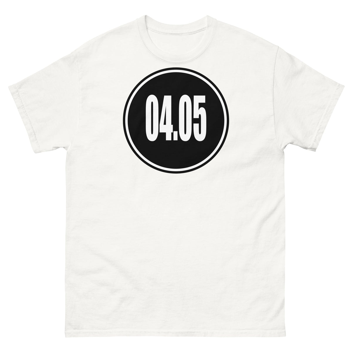 Men’s white 04.05 bordered-circle classic tee, flat front mockup
