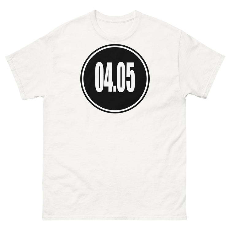 Men’s white 04.05 bordered-circle classic tee, flat front mockup